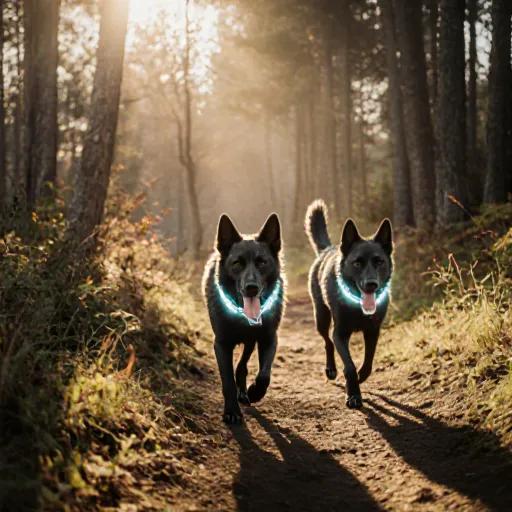 Dog walking on a sunny trail with a leash, surrounded by green trees and open sky