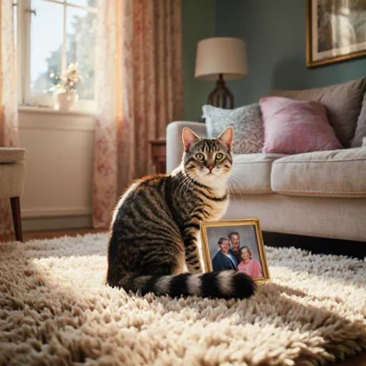 A senior dog with a friendly expression standing beside a beautifully renovated living room, showcasing warm lighting and comfortable furnishings.