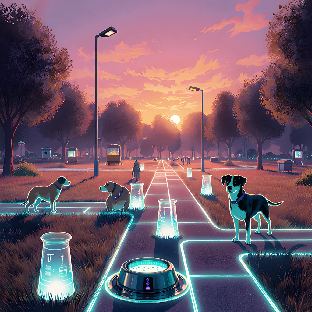 A vibrant graphic showing a happy dog surrounded by modern technology icons like laptops, smartphones, and data charts, symbolizing innovative business growth
