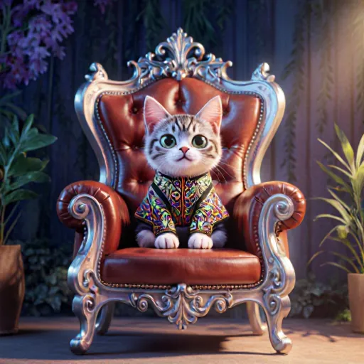 Image of a playful cat sitting on a sofa with an expression of joy.