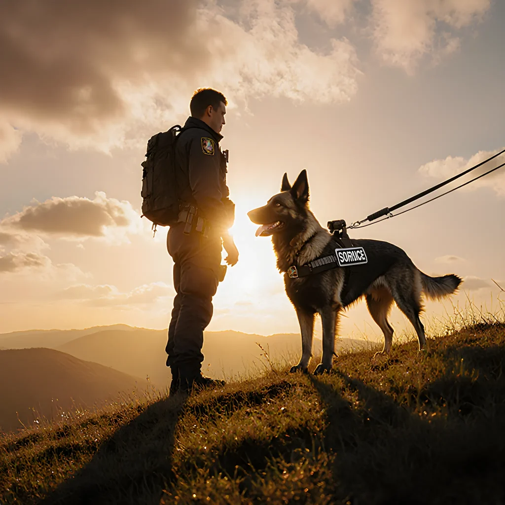 A volunteer standing beside a trained service dog, holding a leash and smiling, symbolizing community support.