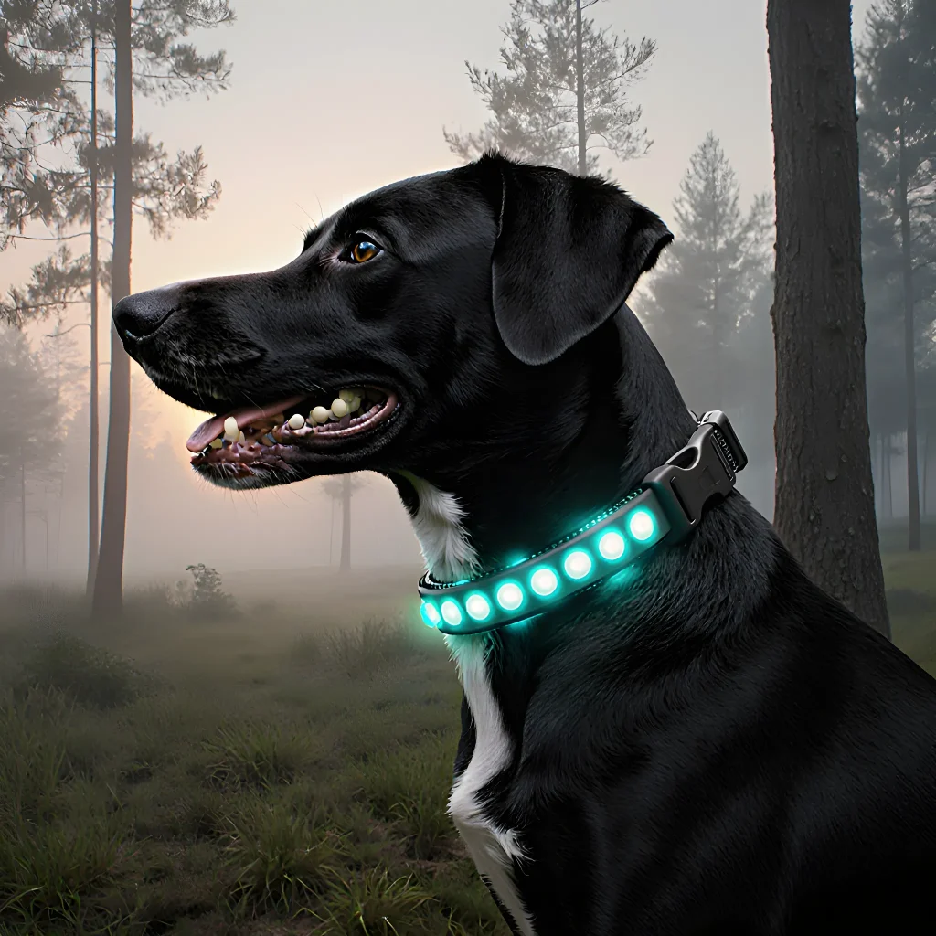 A sleek modern pet collar with a glowing LED display resting on a wooden background, symbolizing futuristic tech for dogs