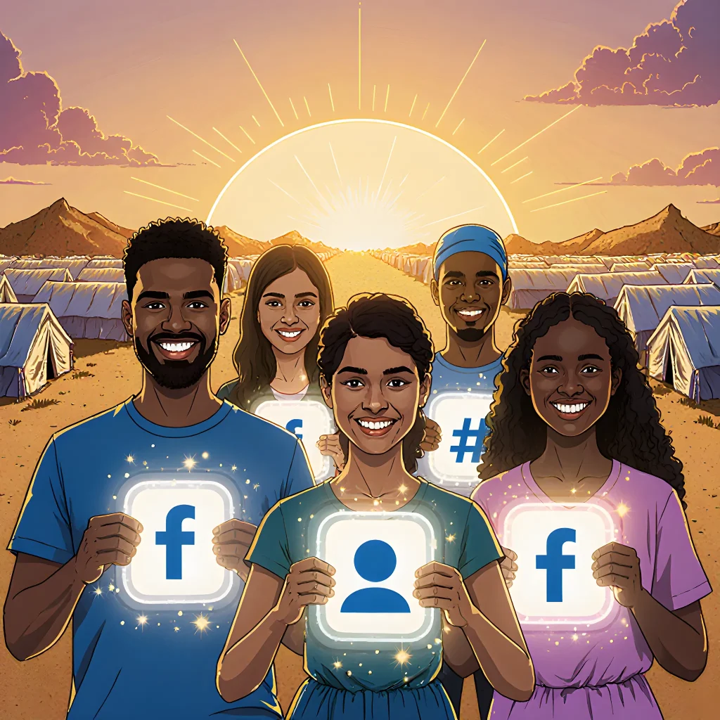 A diverse group of influencers standing beside a banner that reads "Empowering Refugees: Secure Influencer Partnerships Today" with symbolic hands reaching across cultures