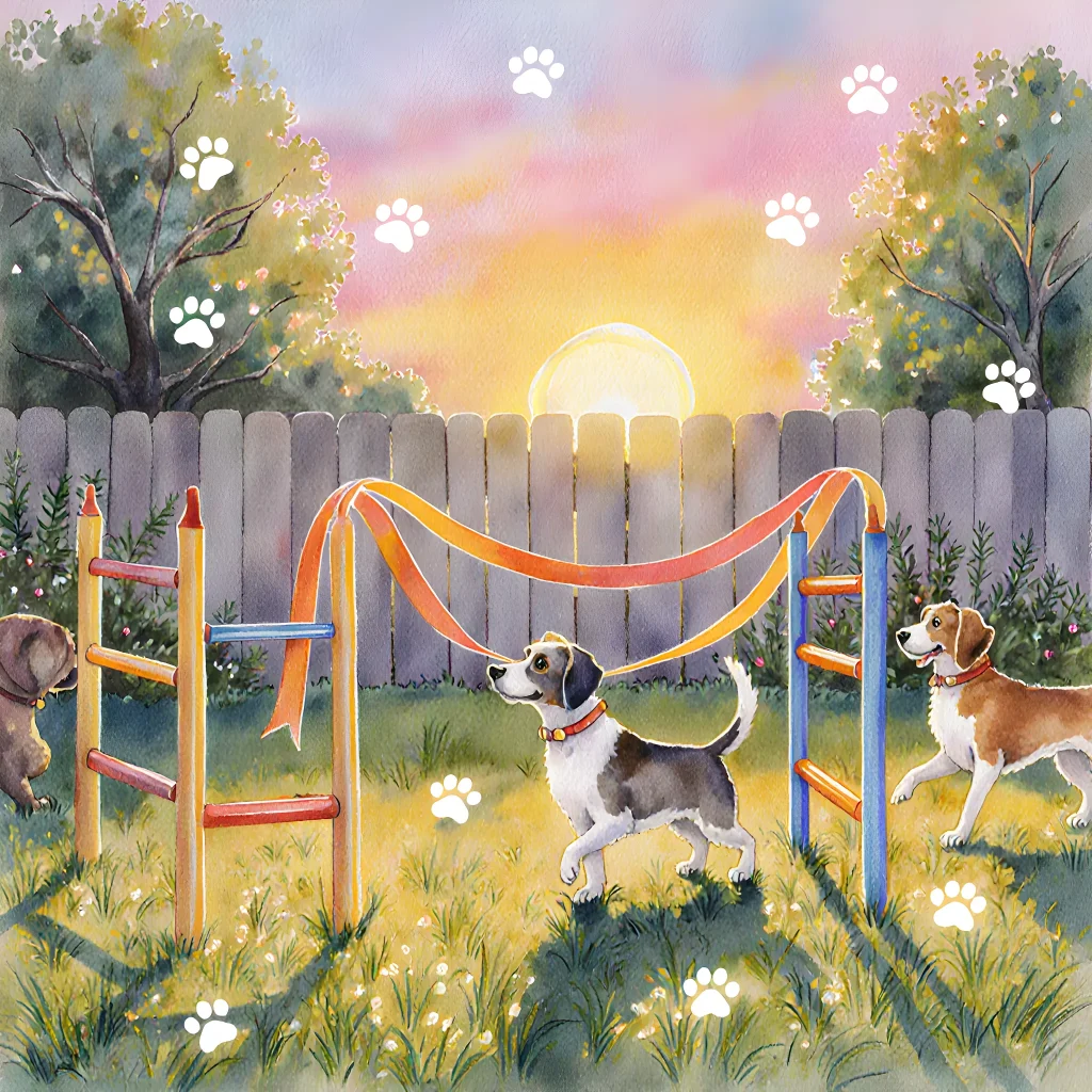 A vibrant backyard featuring homemade obstacle courses for dogs, with ramps, tunnels, and playful décor