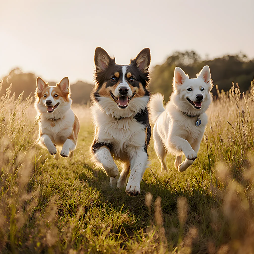 Two rescued dogs joyfully running in a sunny park while their human companion laughs and joins the playful escapade