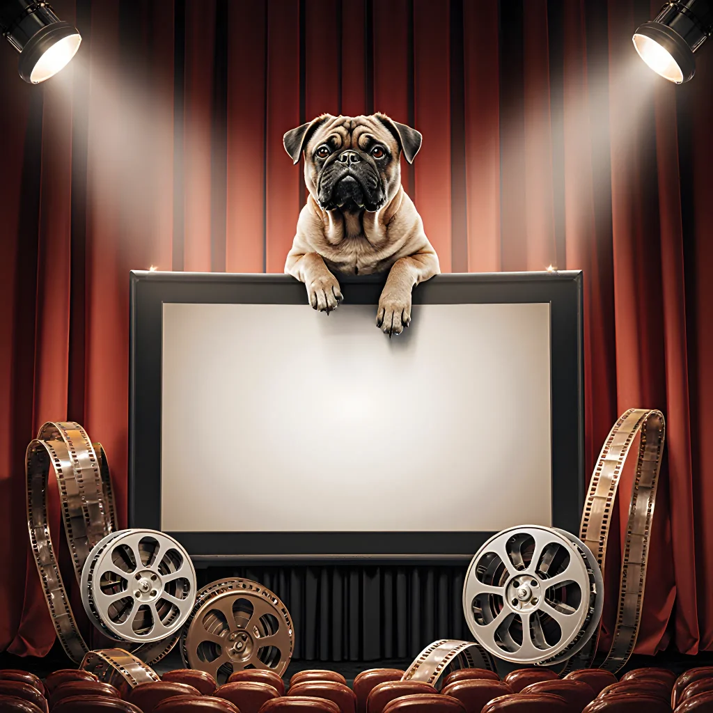 A vibrant movie theater screen showing a playful dog or cat as the star, surrounded by enthusiastic fans holding popcorn and pet accessories.