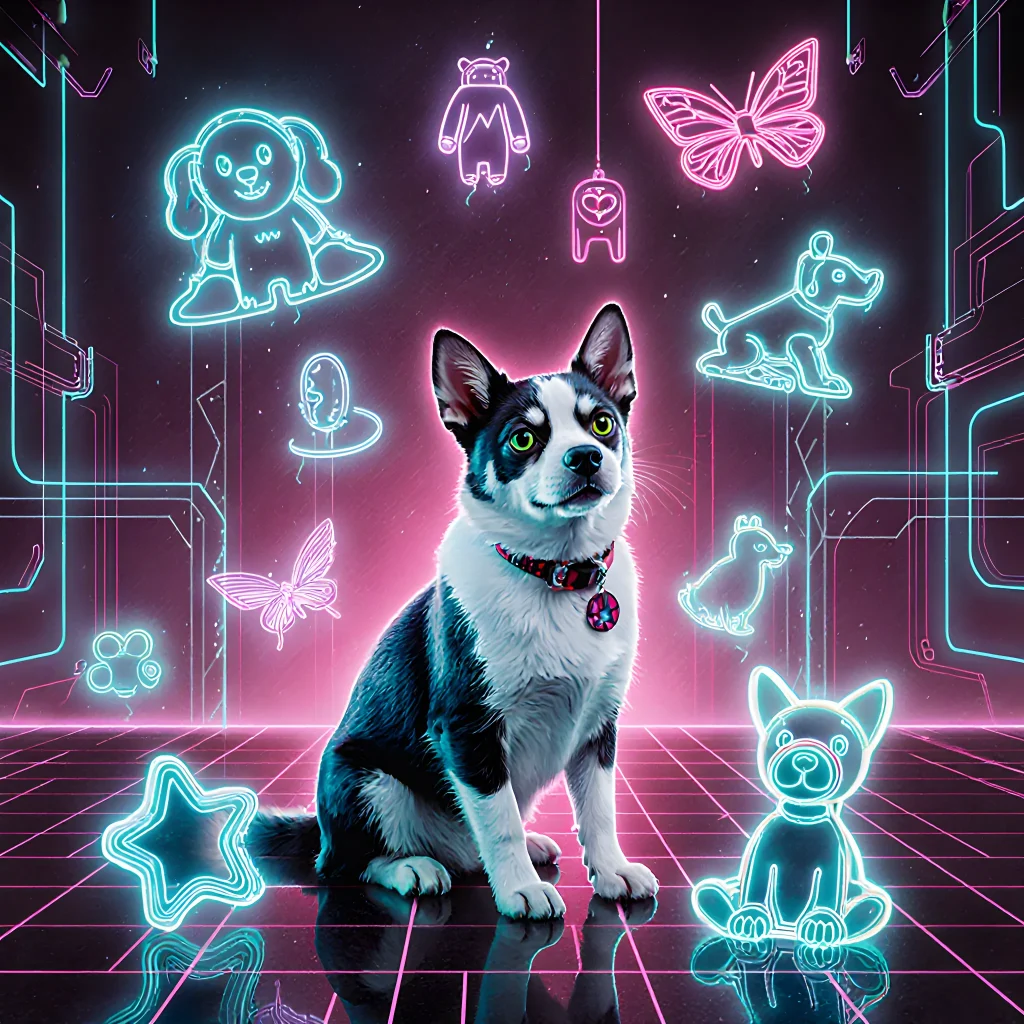 Illustration of a stylish dog wearing a trendy collar and a cat in a cozy tech‑savvy setting, showcasing modern pet fashion.