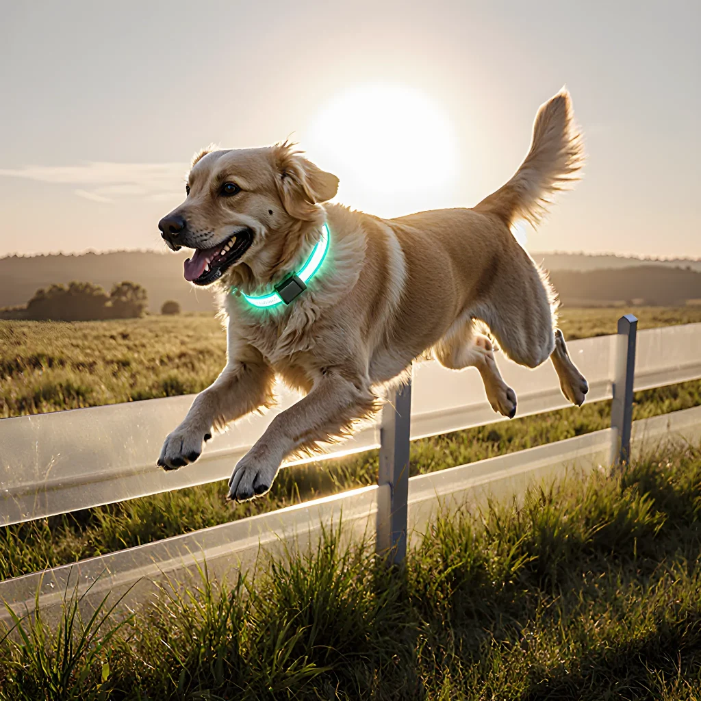 A sleek GPS dog ring on a collar with a modern smartwatch display showing location data, set against a scenic outdoor background