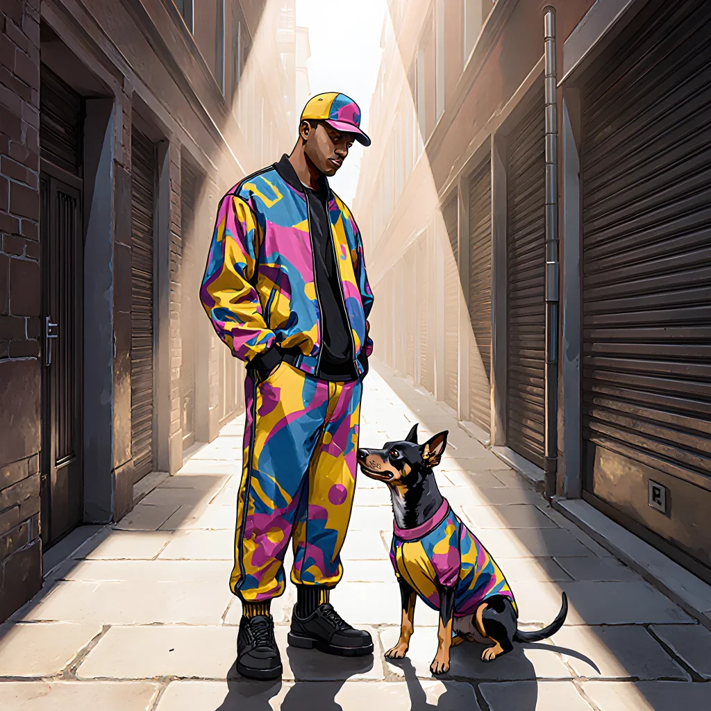 A stylish dog owner and their dog wearing matching outfits, showcasing coordinated colors and patterns.