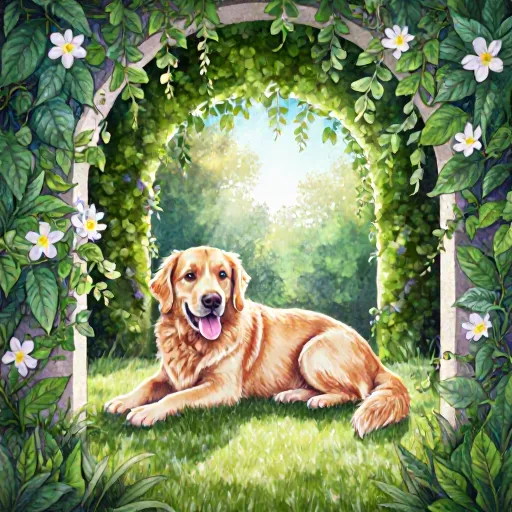 A well‑dressed dog lounging inside a lush, secure garden enclosure surrounded by greenery