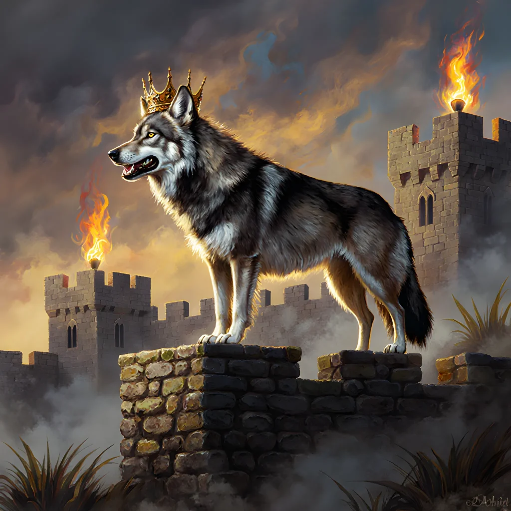 Illustration of medieval knights in armor beside regal dogs standing guard on castle walls