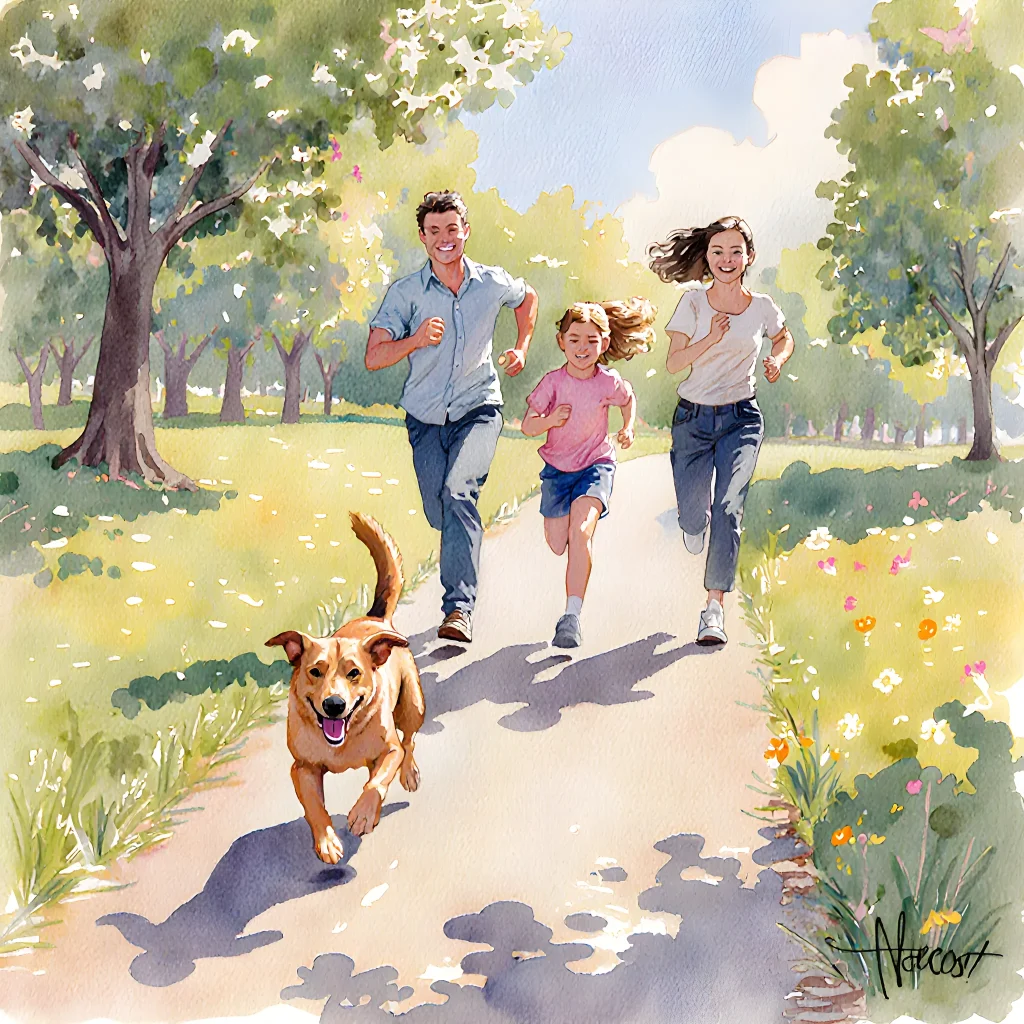A playful family walking a high‑energy dog in a sunny park