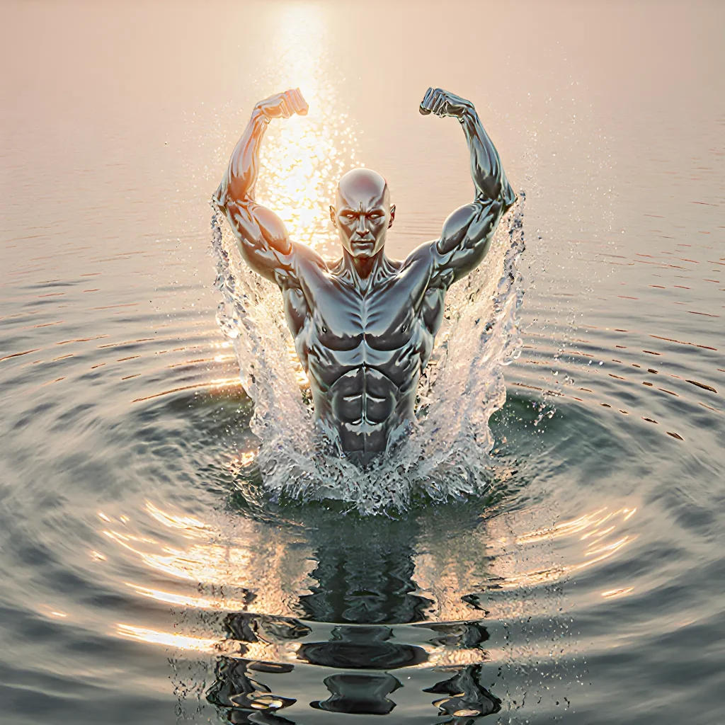 A person practicing aquatic therapy in a serene pool with flowing water, symbolizing health and freedom