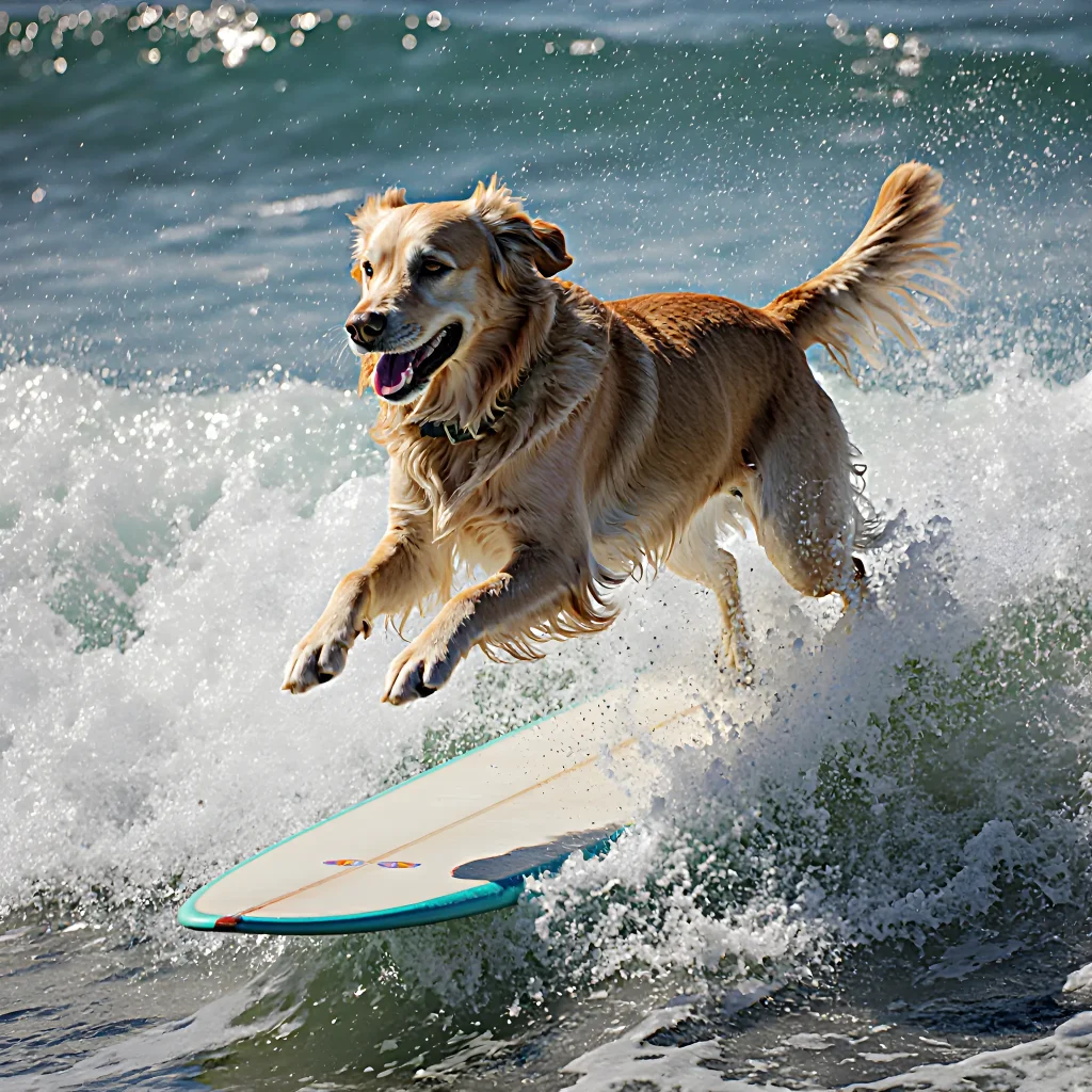 A group of energetic dogs in bright wetsuits riding giant waves on surfboards, showcasing competitive dog surfing skills
