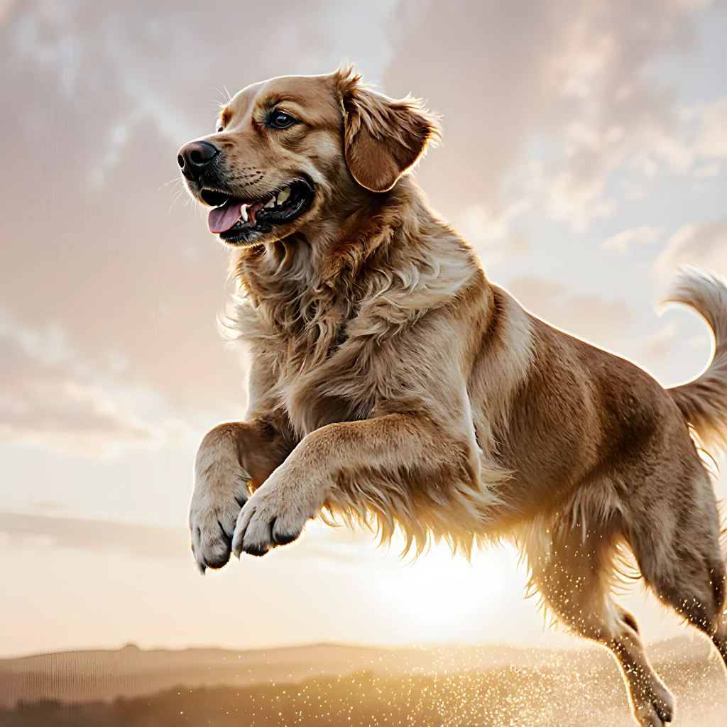 A vibrant image of a healthy dog with a glowing halo, symbolizing extended life, surrounded by natural elements and the text "2025 Dog Lifespan Elixir"