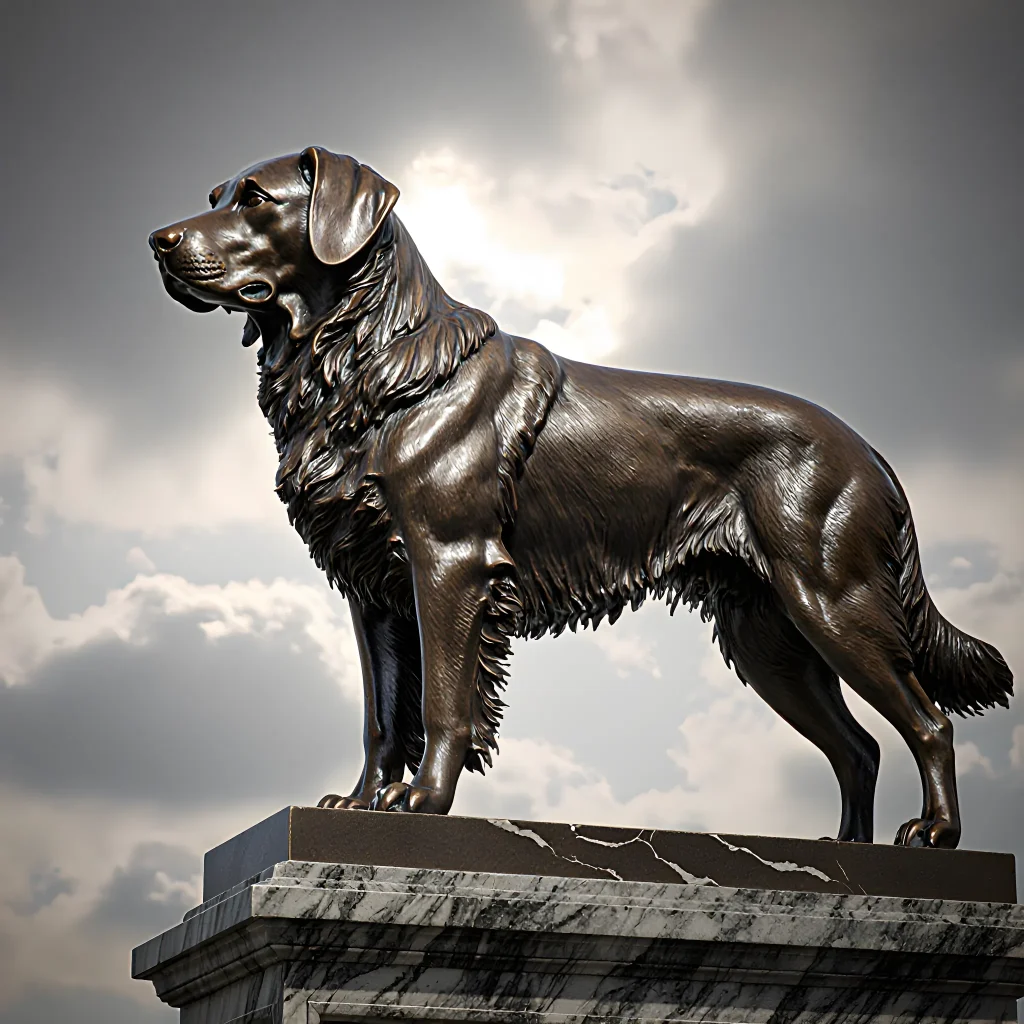 A collage of famous dog statues, including a bronze terrier in Rome, a granite retriever in New York, and a contemporary sculpted canine in London