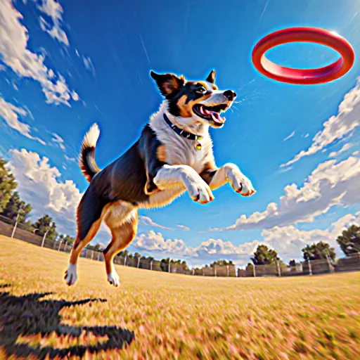 Frisbee flying through the air while a dog jumps enthusiastically