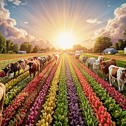 Farmer standing next to crops with a successful farm in background