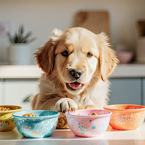 Cute puppy sitting on a kitchen counter, excitedly chewing a bowl of kibble while its owner watches