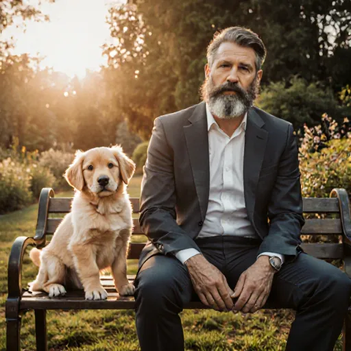 A side‑by‑side illustration of a young puppy eating kibble next to an older man enjoying a balanced meal, highlighting the evolution of dietary choices.