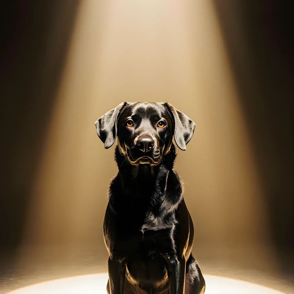 A stylish photo of a rescued dog wearing trendy accessories, standing proudly in front of a bright, modern backdrop
