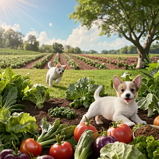 A vibrant image showcasing organic vegetables in the soil with farm animals nearby