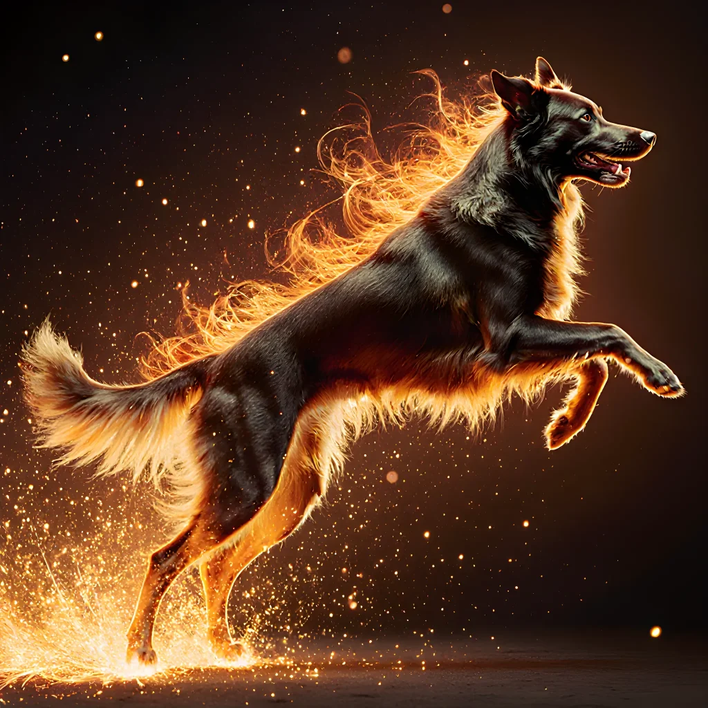A vibrant illustration of an energetic dog surrounded by interactive toys and playful scenery, showcasing dynamic enrichment activities for active pet breeds