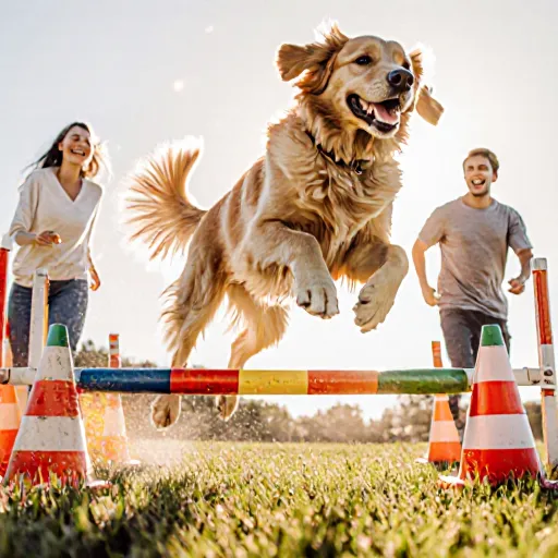 A joyful dog mid‑jump in a sunny backyard while its owner cheers on, illustrating an engaging dog challenge activity