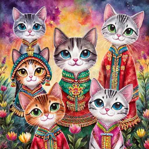 A collection of humorous depictions of cats from around the world, surrounded by cultural symbols and myths.