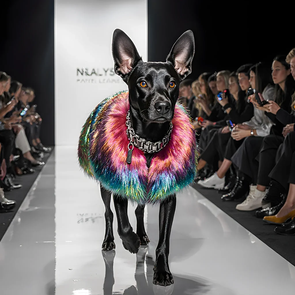 Stylish dog wearing a fashionable couture outfit, featuring sleek fabrics and sparkling accessories, showcased on a runway backdrop.