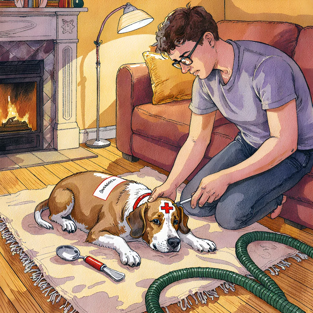 A veterinarian demonstrating emergency first aid on a dog using common kitchen utensils and a first-aid kit