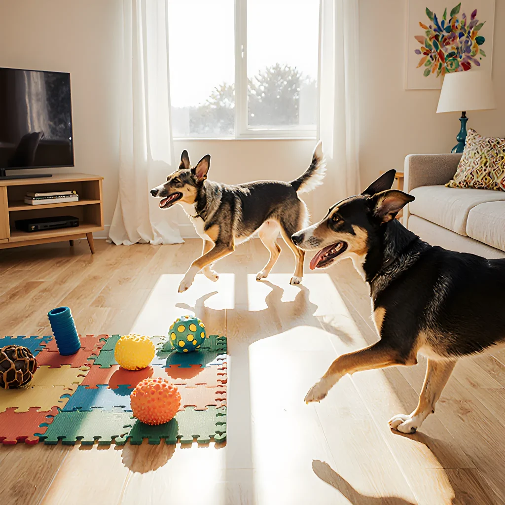 A happy dog playing with a colorful chew toy in a sunny living room