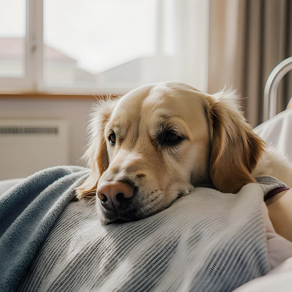 A smiling therapy dog resting its head on a patient’s lap in a bright rehabilitation room