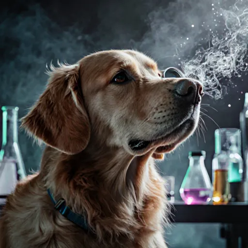A close‑up image of a dog’s face with its nose prominently displayed, surrounded by subtle scent trails illustrated as swirling lines