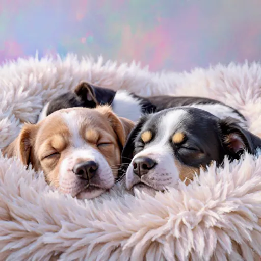 A contented puppy curled up on a plush, ergonomic bed surrounded by cozy blankets