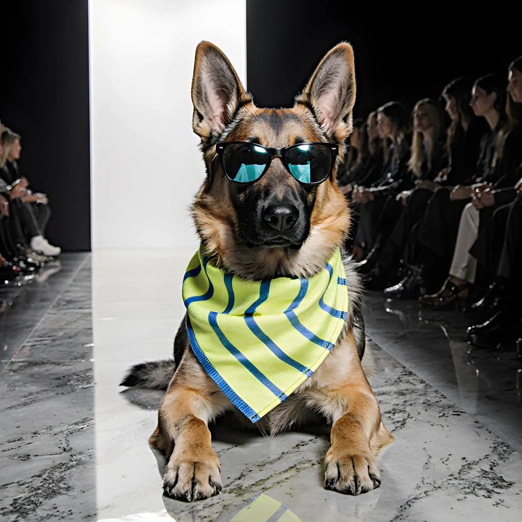 A stylish dog wearing a trendy 2025 fashion outfit with vibrant colors and modern accessories, showcasing the latest canine style trends