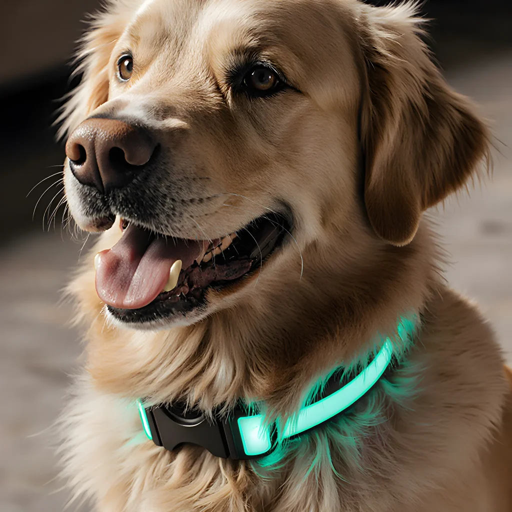 A sleek dog collar with a glowing sensor, placed on a golden retriever's neck while the pup looks curiously at its owner