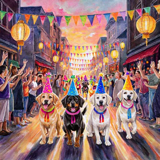 A group of happy dogs and owners enjoying a colorful outdoor dog festival with banners, treats, and music.