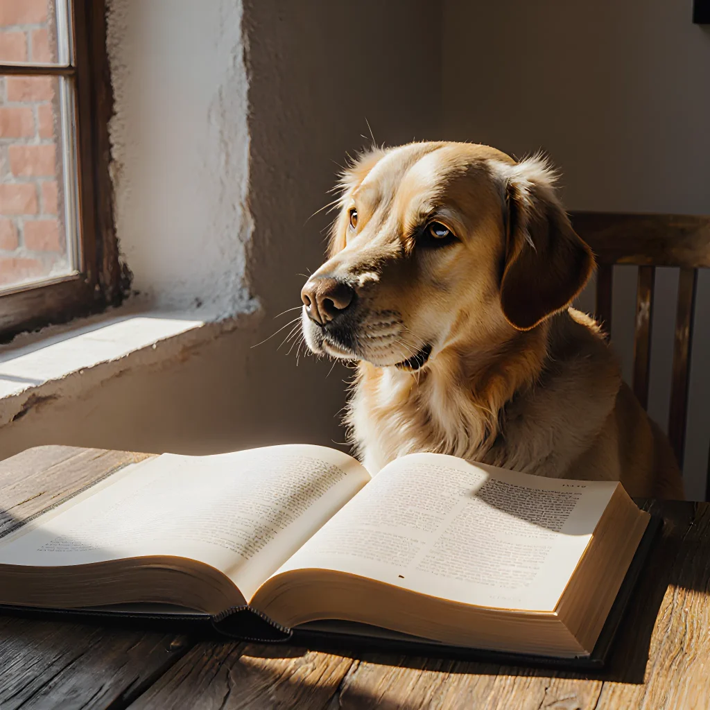 A stylish arrangement of dog-themed books with a cozy reading nook backdrop