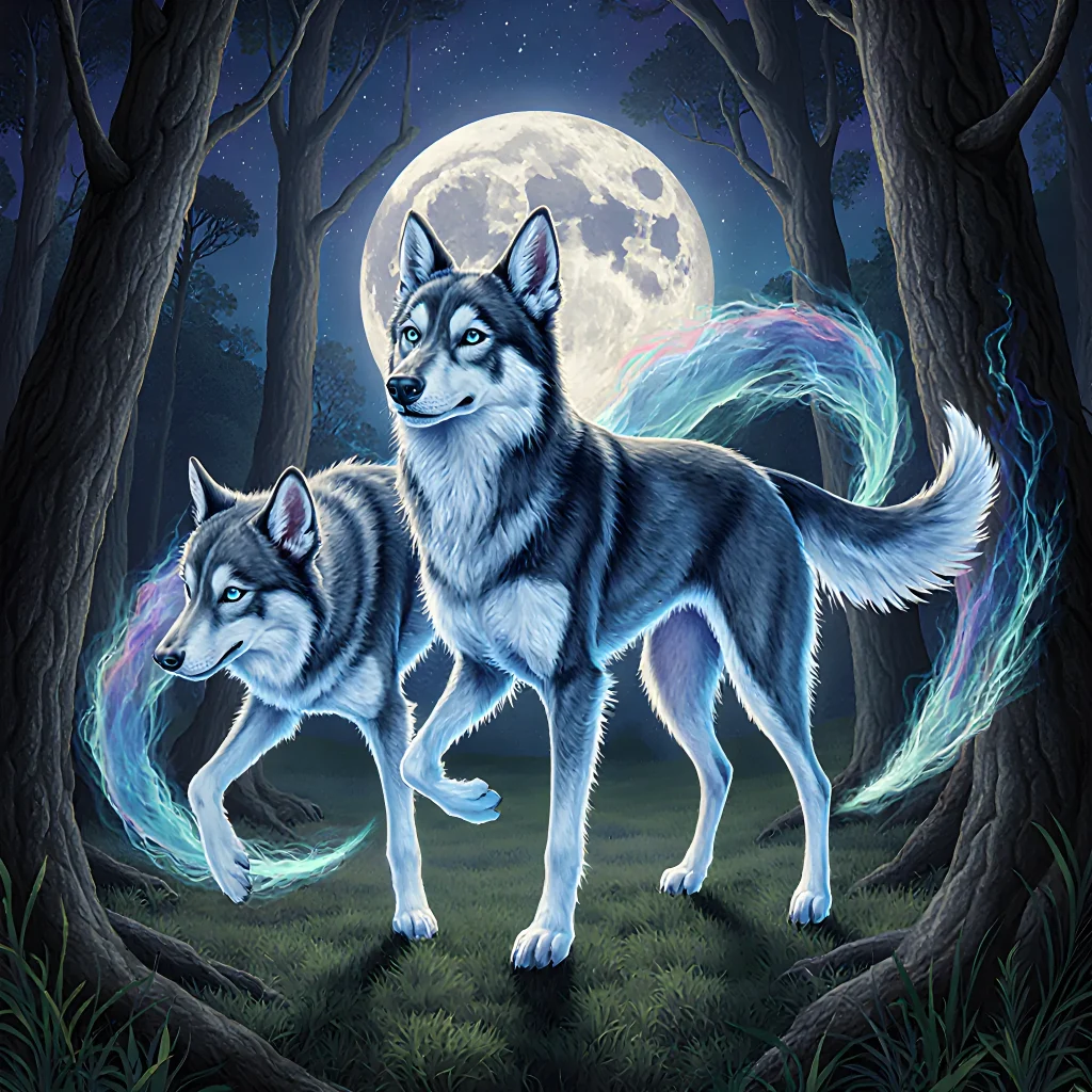 Illustration of a group of dogs in dynamic poses, each wearing superhero capes and glowing aura, symbolizing powerful canine characters