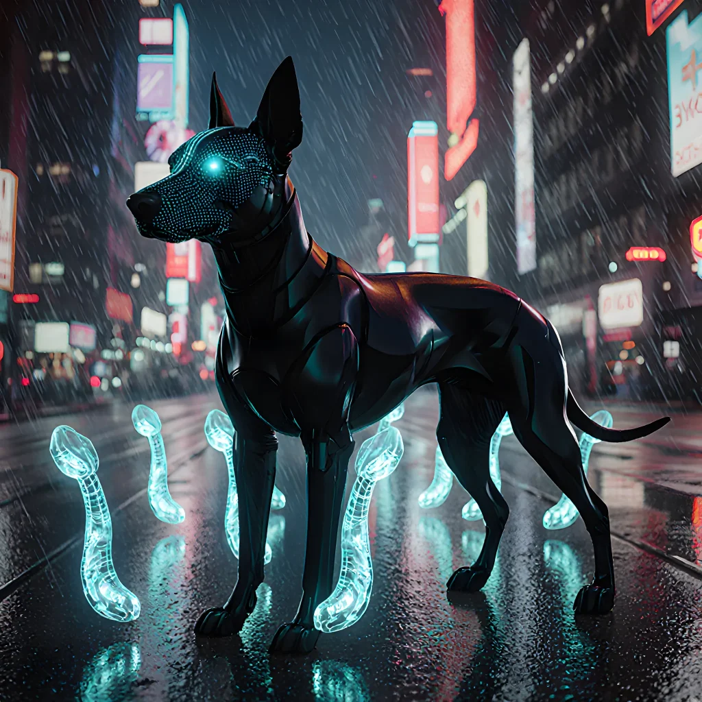 A futuristic image showing a dog with glowing digital lines around its body, symbolizing technology monitoring pet health indicators