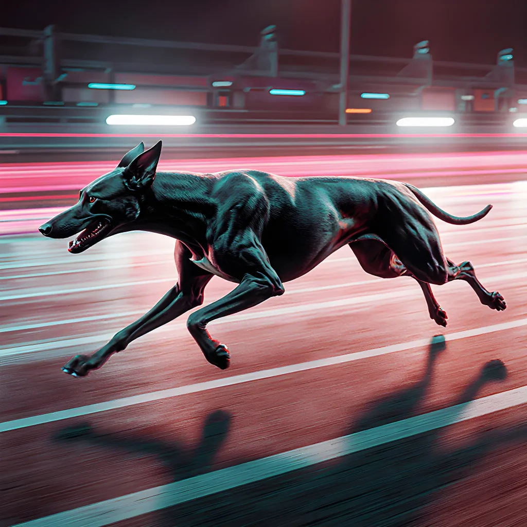 A dynamic scene showing a dog mid‑jump on a track surrounded by high‑tech equipment and cheering spectators