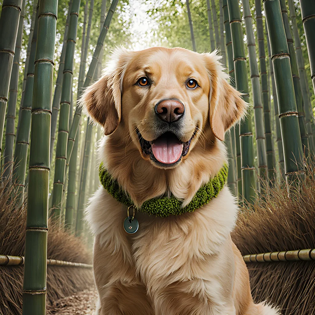 A happy dog surrounded by biodegradable toys and a green backyard, symbolizing sustainable pet ownership