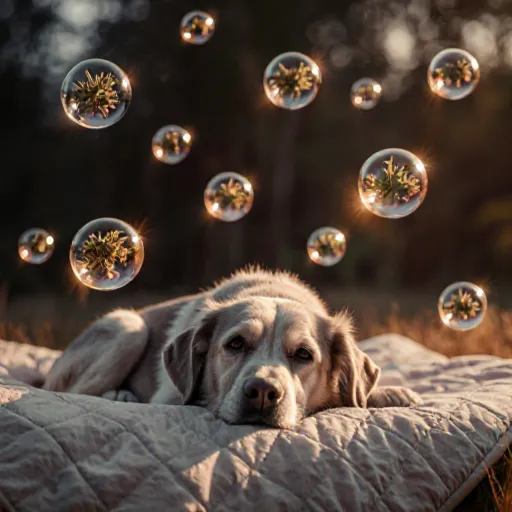 A peaceful senior dog lying comfortably on a cozy bed with a calming herbal supplement beside it