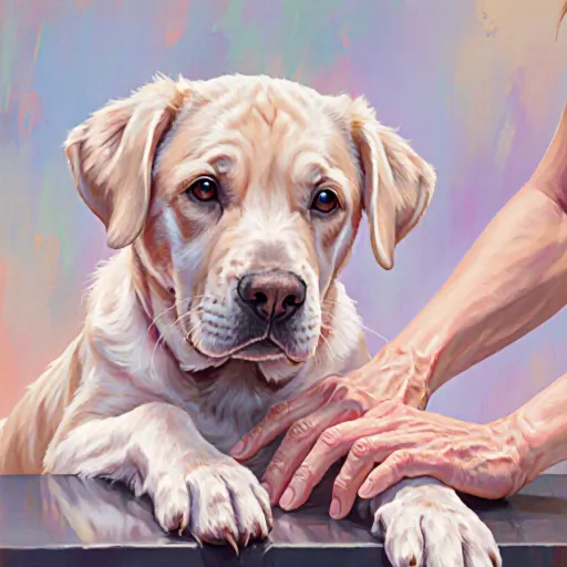 A senior dog being gently brushed with a soft brush while its owner watches, highlighting care for sensitive paw skin