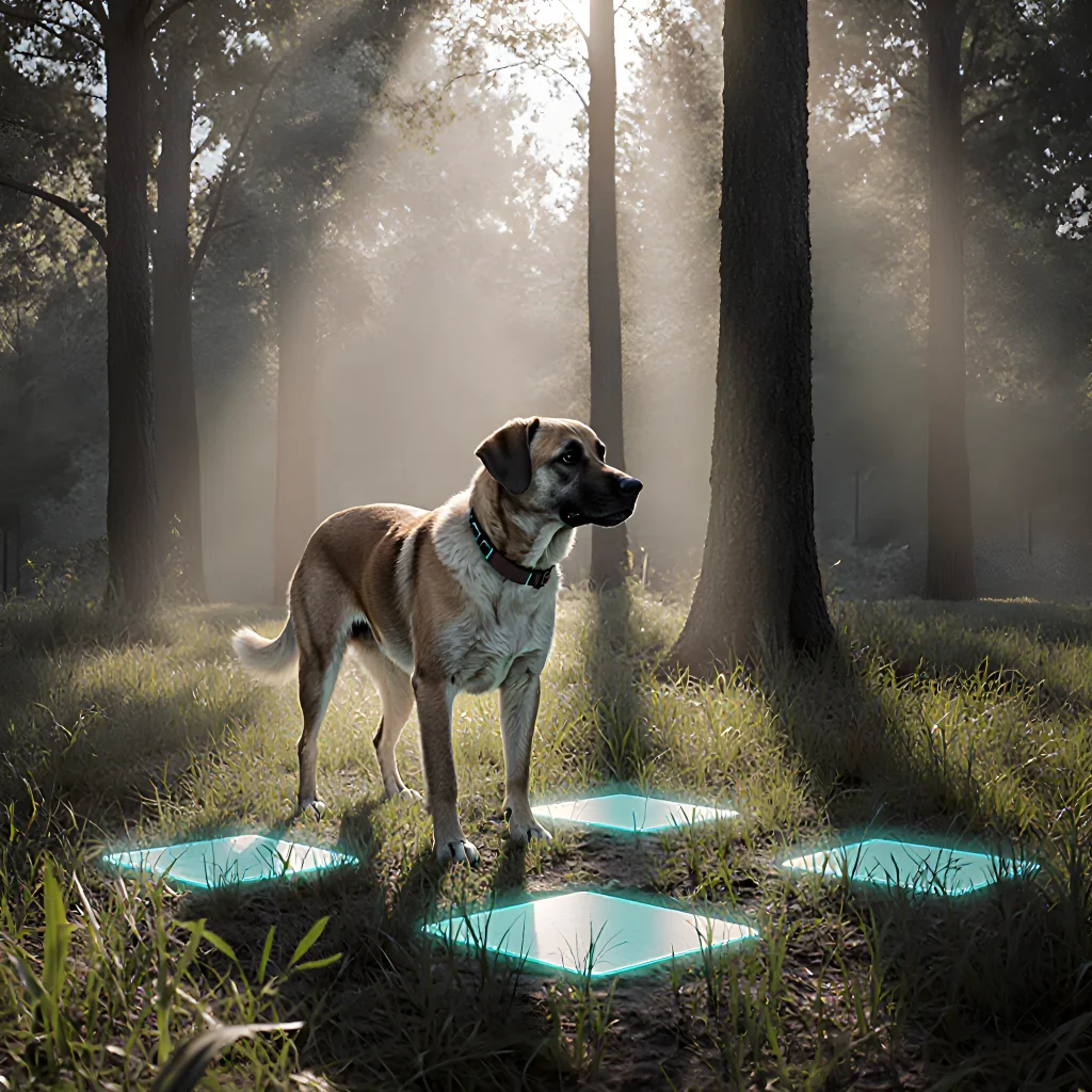 A senior dog wearing a lightweight smart collar while being guided by its trainer in an outdoor setting