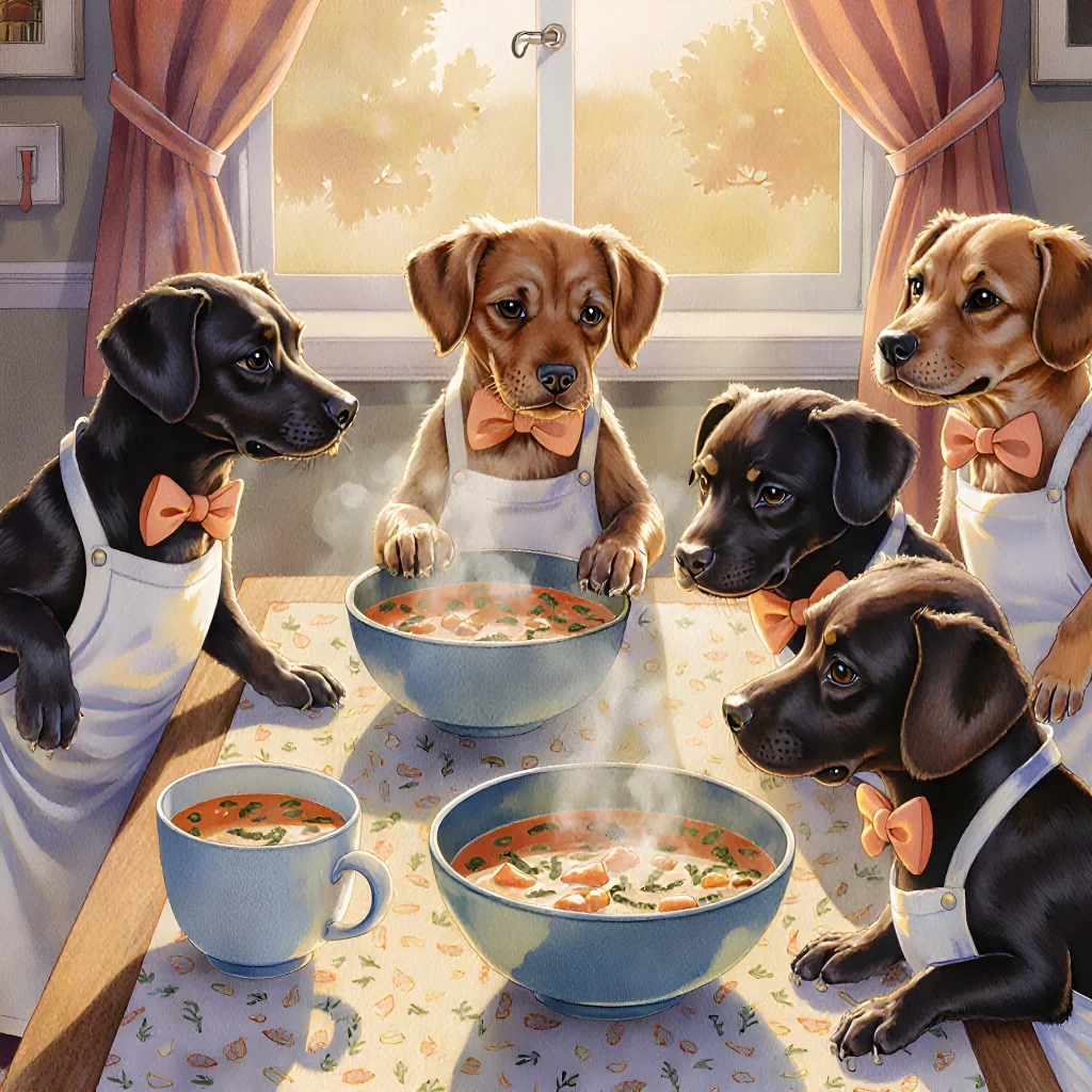 A playful puppy sitting beside a classic wooden table set with a bowl of fresh food, surrounded by warm kitchen light