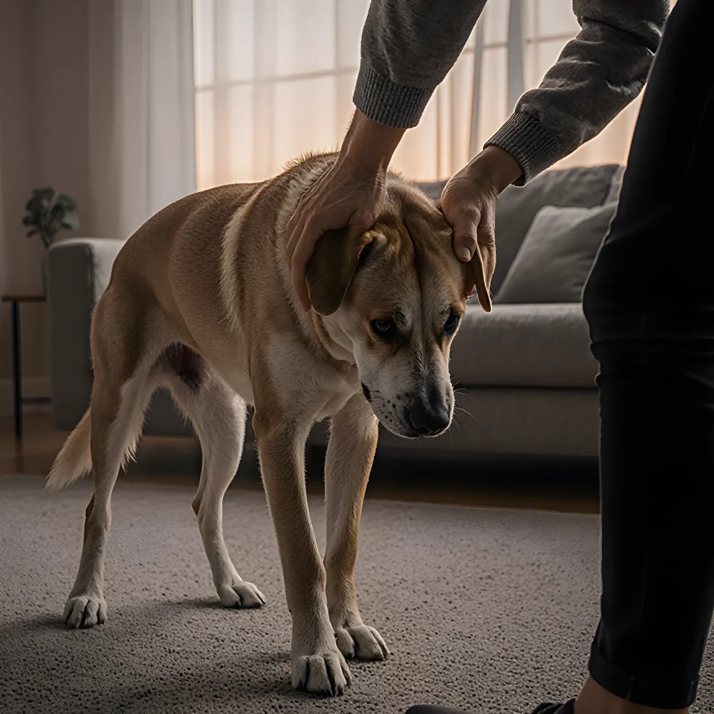 A calm dog lying on a cozy blanket while its owner applies a soothing touch to the dog's hind leg.