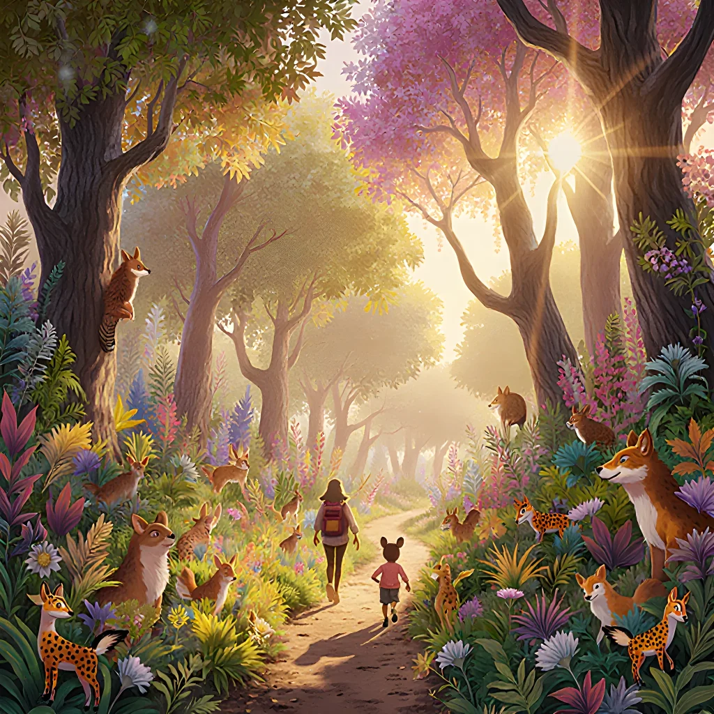 A family hiking on a sunlit trail, laughing together while exploring nature, embodying the spirit of gleeful getaways