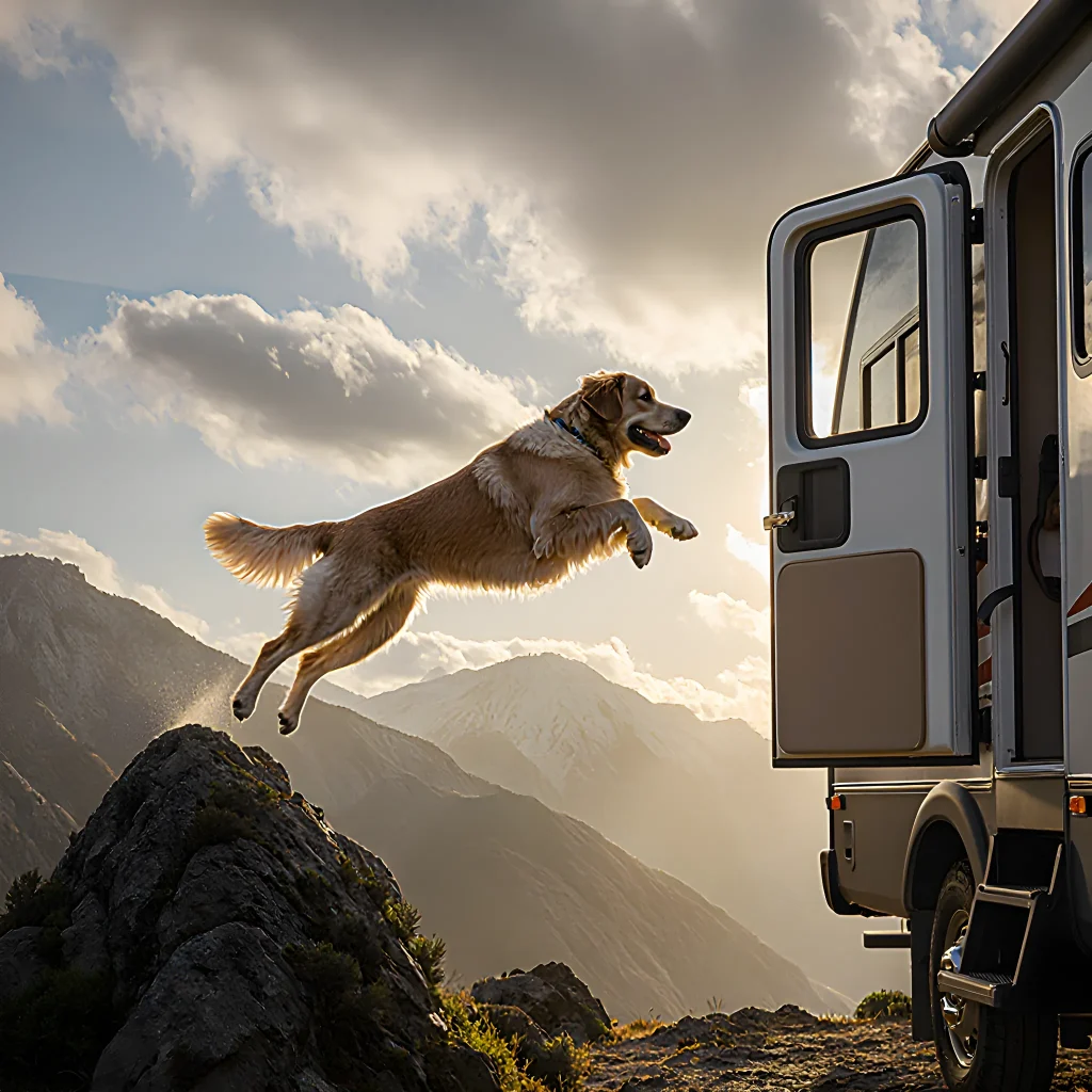 A smiling dog in a car seat beside an open map, symbolizing an RV adventure